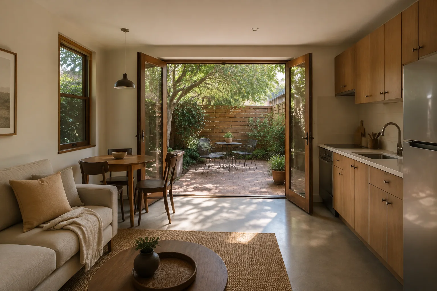 AI design concept of a compact ADU interior opening to a shaded courtyard